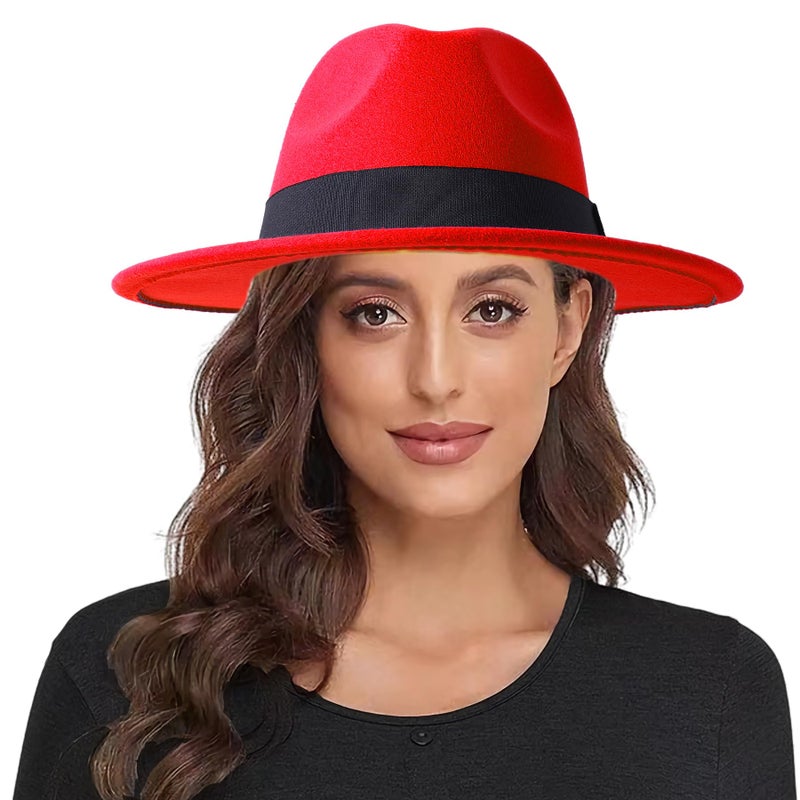 Lanzom Women Wide Brim Warm Wool Fedora Hat Retro Style Belt Panama Hat (Red, One Size) - Image 1
